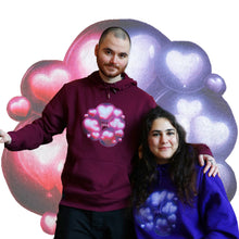 Load image into Gallery viewer, Red and purple Love Bubbles Hoodie cozy and classy fit model mockup