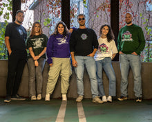 Load image into Gallery viewer, group wearing oversized green, black and white roboflower onecolor, roboflower v2 and roboflower v3 t-shirt, and oversized purple, green and black roboflower onecolor hoodies, roboflower v2 and roboflower v3 sweaters