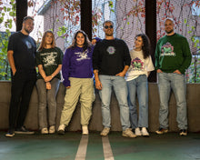 Load image into Gallery viewer, group wearing oversized green black and white roboflower onecolor roboflower v2 and roboflower v3 t-shirt and oversized purple green and black roboflower onecolor hoodies roboflower v2 and roboflower v3 sweaters 2