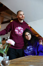 Load image into Gallery viewer, man hugging woman wearing red and purple love bubbles valentines hoodie
