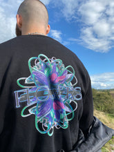 Load image into Gallery viewer, man wearing black roboflower v2 graphic sweater with black breakout vest, back graphic closeup on roboflower v2 sweater