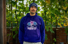 Load image into Gallery viewer, man wearing oversized purple misfit v2 floral hoodie with purple DFKT logo beanie
