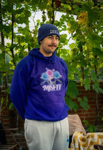 Load image into Gallery viewer, man wearing oversized purple misfit v2 graphic hoodie with purple DFKT logo beanie