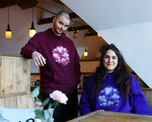 Load image into Gallery viewer, man wearing red love bubbles valentines hoodie, woman wearing purple oversized love bubbles valentines hoodie