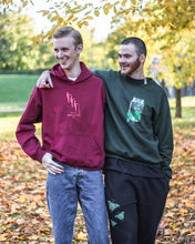 Load image into Gallery viewer, man wearing oversized red mindcontrol hoodie while laughing with man wearing green think outside the jar sweater and black ripped butterfly sweatpants