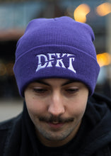 Load image into Gallery viewer, man wearing purple DFKT logo beanie