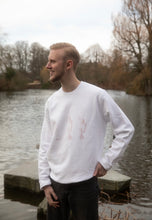 Load image into Gallery viewer, man wearing white oversized thinker graphic sweater and smiling big