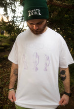 Load image into Gallery viewer, man wearing white oversized thinker graphic t-shirt with green DFKT logo beanie