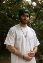 Load image into Gallery viewer, man wearing white oversized thinker t-shirt with green DFKT logo beanie