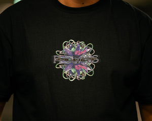 Black Roboflower v2 t-shirt graphic closeup