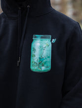 Load image into Gallery viewer, Fly Outside the Jar black butterfly Hoodie front graphic closeup