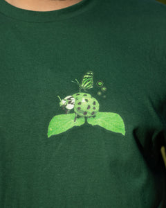 Green friends graphic t-shirt closeup