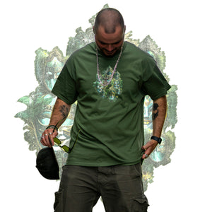 Military green magic mirror graphic t-shirt model mockup
