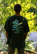 Load image into Gallery viewer, man wearing a green oversized overload t-shirt with back thermal graphic showing