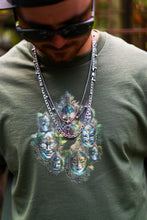 Load image into Gallery viewer, man wearing military green snow white inspired magic mirror graphic t-shirt 