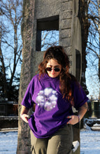 Load image into Gallery viewer, woman wearing purple oversized love bubbles valentines t-shirt
