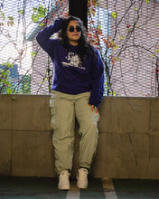 Load image into Gallery viewer, woman wearing purple oversized roboflower onecolor hoodie with green cargos