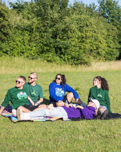 Load image into Gallery viewer, women and men wearing blue lifted living sweater, green friends hoodie and green misfit sweater
