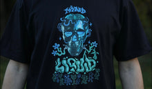 Load image into Gallery viewer, black mindliquid graphic t-shirt, skull graphic closeup
