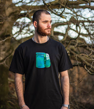 Load image into Gallery viewer, man wearing a black oversized panic control graphic t-shirt 